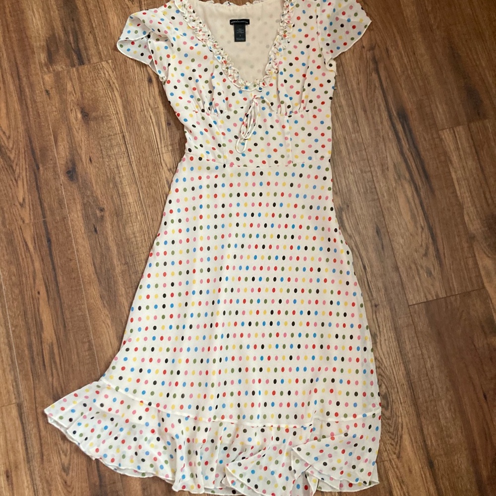 1950s style rainbow polkadot dress